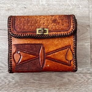 Vintage Hand Tooled Western Leather Purse Bag Marked “D.W.S” 6”‎ X 5”